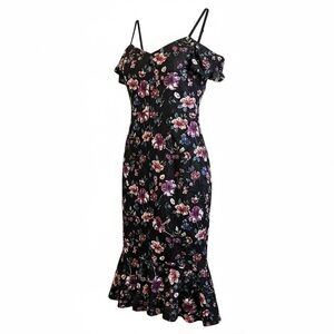 Siena Black Floral Lace Off Shoulder Flounce Hem Sheath Midi Off Shoulder Dress